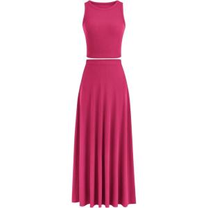 imagePRETTYGARDEN Womens 2 Piece Maxi Skirt Sets Casual Summer Knit Cropped Tank Top High Waisted Long Skirts OutfitRose Red