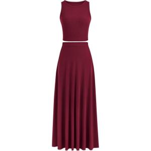 imagePRETTYGARDEN Womens 2 Piece Maxi Skirt Sets Casual Summer Knit Cropped Tank Top High Waisted Long Skirts OutfitWine Red