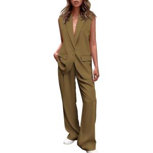 imagePRETTYGARDEN Womens 2 Piece Outfits Sleeveless Suit Vest and Wide Leg Pants Business Casual Blazer SetsArmy Green
