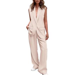 imagePRETTYGARDEN Womens 2 Piece Outfits Sleeveless Suit Vest and Wide Leg Pants Business Casual Blazer SetsBeige