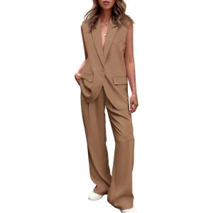 imagePRETTYGARDEN Womens 2 Piece Outfits Sleeveless Suit Vest and Wide Leg Pants Business Casual Blazer SetsKhaki