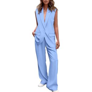 imagePRETTYGARDEN Womens 2 Piece Outfits Sleeveless Suit Vest and Wide Leg Pants Business Casual Blazer SetsLight Blue