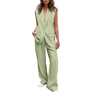 imagePRETTYGARDEN Womens 2 Piece Outfits Sleeveless Suit Vest and Wide Leg Pants Business Casual Blazer SetsLight Green