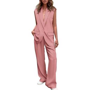 imagePRETTYGARDEN Womens 2 Piece Outfits Sleeveless Suit Vest and Wide Leg Pants Business Casual Blazer SetsLight Pink
