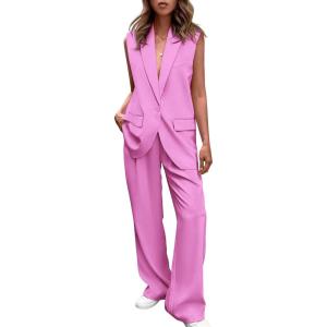 imagePRETTYGARDEN Womens 2 Piece Outfits Sleeveless Suit Vest and Wide Leg Pants Business Casual Blazer SetsPink