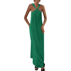 imagePRETTYGARDEN Womens 2025 Casual Long Summer Dresses Sleeveless Strappy Loose Flowy Beach Vacation Maxi Dress with PocketsDark Green
