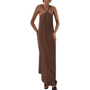 imagePRETTYGARDEN Womens 2025 Casual Long Summer Dresses Sleeveless Strappy Loose Flowy Beach Vacation Maxi Dress with PocketsDark Khaki