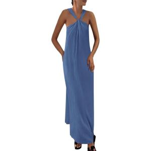 imagePRETTYGARDEN Womens 2025 Casual Long Summer Dresses Sleeveless Strappy Loose Flowy Beach Vacation Maxi Dress with PocketsGrey Blue