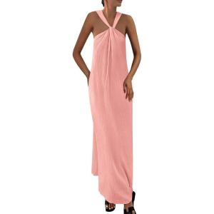 imagePRETTYGARDEN Womens 2025 Casual Long Summer Dresses Sleeveless Strappy Loose Flowy Beach Vacation Maxi Dress with PocketsPink