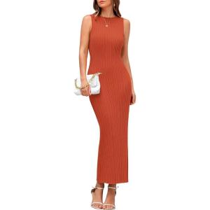 imagePRETTYGARDEN Womens 2025 Summer Casual Maxi Dresses Ribbed Knit Sleeveless Bodycon Elegant Going Out Beach Vacation ClothesBrick Red