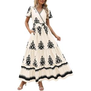 imagePRETTYGARDEN Womens 2025 Summer Casual V Neck Boho Maxi Dress Flowy Aline Bell Sleeve Tiered Floral Dresses with PocketFloral Apricot Black