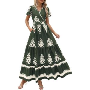 imagePRETTYGARDEN Womens 2025 Summer Casual V Neck Boho Maxi Dress Flowy Aline Bell Sleeve Tiered Floral Dresses with PocketFloral Army Green White