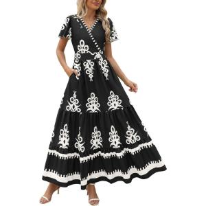 imagePRETTYGARDEN Womens 2025 Summer Casual V Neck Boho Maxi Dress Flowy Aline Bell Sleeve Tiered Floral Dresses with PocketFloral Black White