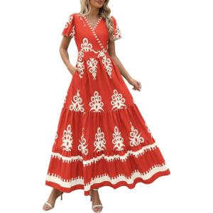 imagePRETTYGARDEN Womens 2025 Summer Casual V Neck Boho Maxi Dress Flowy Aline Bell Sleeve Tiered Floral Dresses with PocketFloral Brick Red White
