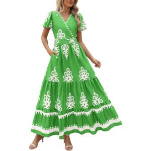 imagePRETTYGARDEN Womens 2025 Summer Casual V Neck Boho Maxi Dress Flowy Aline Bell Sleeve Tiered Floral Dresses with PocketFloral Green White