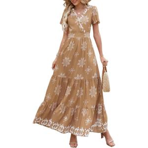 imagePRETTYGARDEN Womens 2025 Summer Casual V Neck Boho Maxi Dress Flowy Aline Bell Sleeve Tiered Floral Dresses with PocketFloral Khaki White