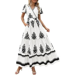 imagePRETTYGARDEN Womens 2025 Summer Casual V Neck Boho Maxi Dress Flowy Aline Bell Sleeve Tiered Floral Dresses with PocketFloral White Black