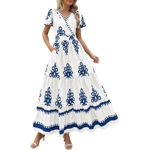 imagePRETTYGARDEN Womens 2025 Summer Casual V Neck Boho Maxi Dress Flowy Aline Bell Sleeve Tiered Floral Dresses with PocketFloral White Blue