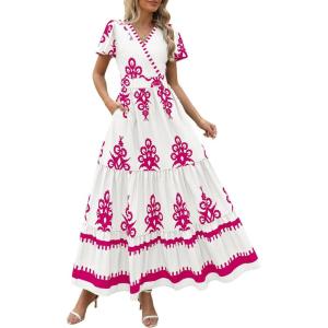 imagePRETTYGARDEN Womens 2025 Summer Casual V Neck Boho Maxi Dress Flowy Aline Bell Sleeve Tiered Floral Dresses with PocketFloral White Rose Red