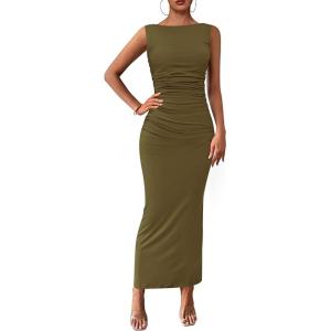 imagePRETTYGARDEN Womens 2025 Summer Semi Formal Midi Dresses Sleeveless Ruched Bodycon Long Elegant Cocktail Wedding Guest DressArmy Green