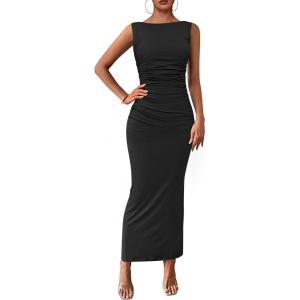 imagePRETTYGARDEN Womens 2025 Summer Semi Formal Midi Dresses Sleeveless Ruched Bodycon Long Elegant Cocktail Wedding Guest DressBlack