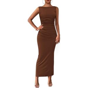 imagePRETTYGARDEN Womens 2025 Summer Semi Formal Midi Dresses Sleeveless Ruched Bodycon Long Elegant Cocktail Wedding Guest DressCoffee