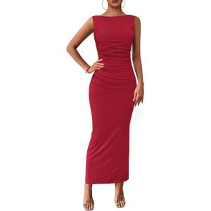 imagePRETTYGARDEN Womens 2025 Summer Semi Formal Midi Dresses Sleeveless Ruched Bodycon Long Elegant Cocktail Wedding Guest DressWine Red