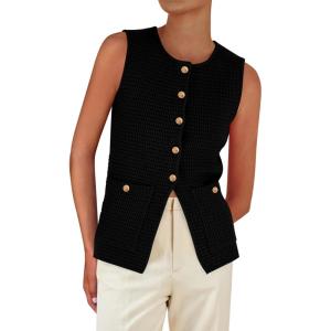 imagePRETTYGARDEN Womens 2025 Summer Sweater Vest Sleeveless Knit Cardigan Button Down Tank Tops Trendy Business Casual OutfitsBlack