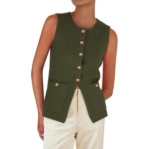 imagePRETTYGARDEN Womens 2025 Summer Sweater Vest Sleeveless Knit Cardigan Button Down Tank Tops Trendy Business Casual OutfitsGreen