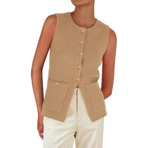 imagePRETTYGARDEN Womens 2025 Summer Sweater Vest Sleeveless Knit Cardigan Button Down Tank Tops Trendy Business Casual OutfitsKhaki