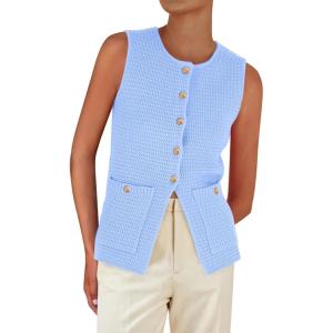 imagePRETTYGARDEN Womens 2025 Summer Sweater Vest Sleeveless Knit Cardigan Button Down Tank Tops Trendy Business Casual OutfitsLight Blue