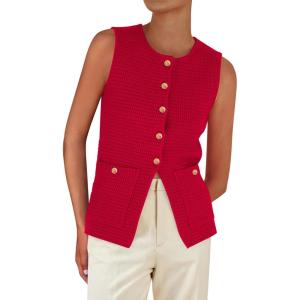 imagePRETTYGARDEN Womens 2025 Summer Sweater Vest Sleeveless Knit Cardigan Button Down Tank Tops Trendy Business Casual OutfitsRed
