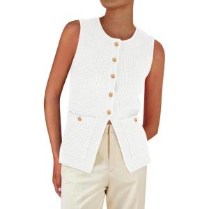 imagePRETTYGARDEN Womens 2025 Summer Sweater Vest Sleeveless Knit Cardigan Button Down Tank Tops Trendy Business Casual OutfitsWhite