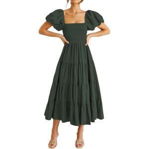 imagePRETTYGARDEN Womens Casual Summer Midi Dress Puffy Short Sleeve Square Neck Smocked Tiered Ruffle DressesArmy Green