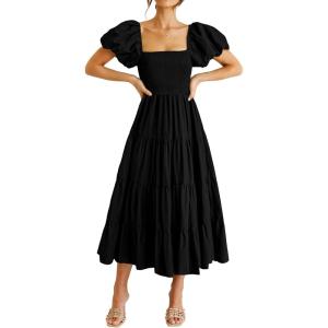 imagePRETTYGARDEN Womens Casual Summer Midi Dress Puffy Short Sleeve Square Neck Smocked Tiered Ruffle DressesBlack