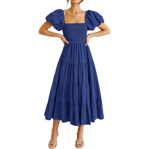 imagePRETTYGARDEN Womens Casual Summer Midi Dress Puffy Short Sleeve Square Neck Smocked Tiered Ruffle DressesBlue