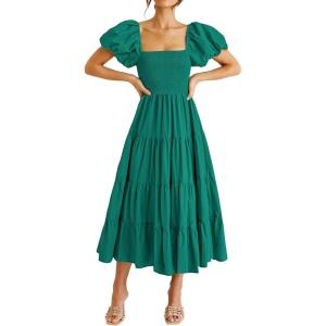 imagePRETTYGARDEN Womens Casual Summer Midi Dress Puffy Short Sleeve Square Neck Smocked Tiered Ruffle DressesDark Green