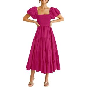 imagePRETTYGARDEN Womens Casual Summer Midi Dress Puffy Short Sleeve Square Neck Smocked Tiered Ruffle DressesDark Rose Red