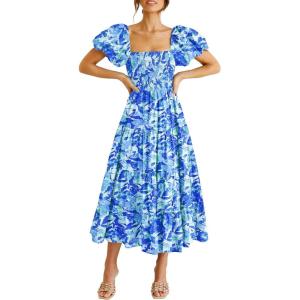 imagePRETTYGARDEN Womens Casual Summer Midi Dress Puffy Short Sleeve Square Neck Smocked Tiered Ruffle DressesFloral Blue