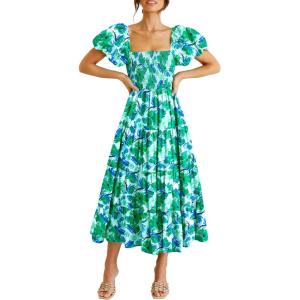imagePRETTYGARDEN Womens Casual Summer Midi Dress Puffy Short Sleeve Square Neck Smocked Tiered Ruffle DressesFloral Green