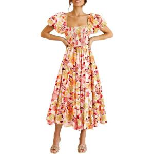 imagePRETTYGARDEN Womens Casual Summer Midi Dress Puffy Short Sleeve Square Neck Smocked Tiered Ruffle DressesFloral Orange Red
