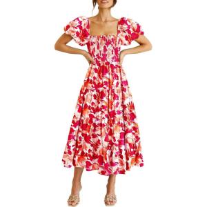 imagePRETTYGARDEN Womens Casual Summer Midi Dress Puffy Short Sleeve Square Neck Smocked Tiered Ruffle DressesFloral Red