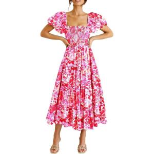imagePRETTYGARDEN Womens Casual Summer Midi Dress Puffy Short Sleeve Square Neck Smocked Tiered Ruffle DressesFloral Rose Red