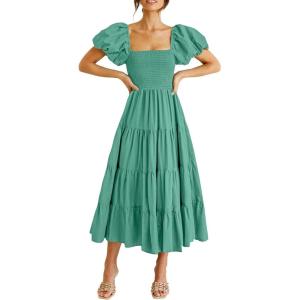 imagePRETTYGARDEN Womens Casual Summer Midi Dress Puffy Short Sleeve Square Neck Smocked Tiered Ruffle DressesGreen