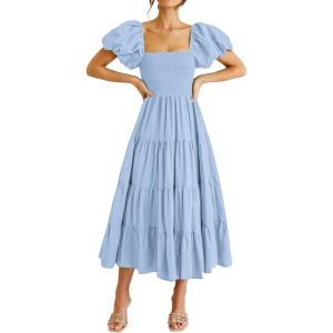 imagePRETTYGARDEN Womens Casual Summer Midi Dress Puffy Short Sleeve Square Neck Smocked Tiered Ruffle DressesLight Blue