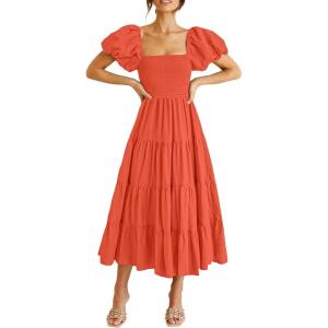 imagePRETTYGARDEN Womens Casual Summer Midi Dress Puffy Short Sleeve Square Neck Smocked Tiered Ruffle DressesOrange