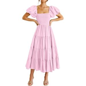 imagePRETTYGARDEN Womens Casual Summer Midi Dress Puffy Short Sleeve Square Neck Smocked Tiered Ruffle DressesPink