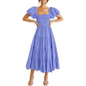 imagePRETTYGARDEN Womens Casual Summer Midi Dress Puffy Short Sleeve Square Neck Smocked Tiered Ruffle DressesPurple Blue