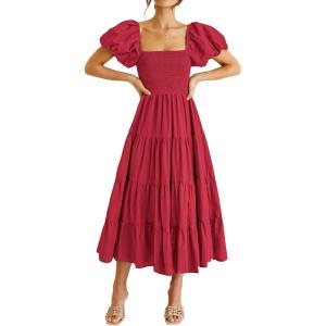 imagePRETTYGARDEN Womens Casual Summer Midi Dress Puffy Short Sleeve Square Neck Smocked Tiered Ruffle DressesRed