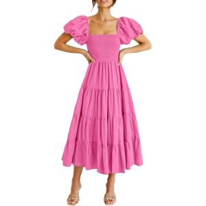 imagePRETTYGARDEN Womens Casual Summer Midi Dress Puffy Short Sleeve Square Neck Smocked Tiered Ruffle DressesRose Pink